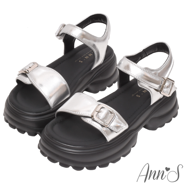 正價涼鞋買就送防水鞋袋Ann’S防潑水爽膚皮-雙扣長腿輕量厚底涼鞋5.5cm-銀
