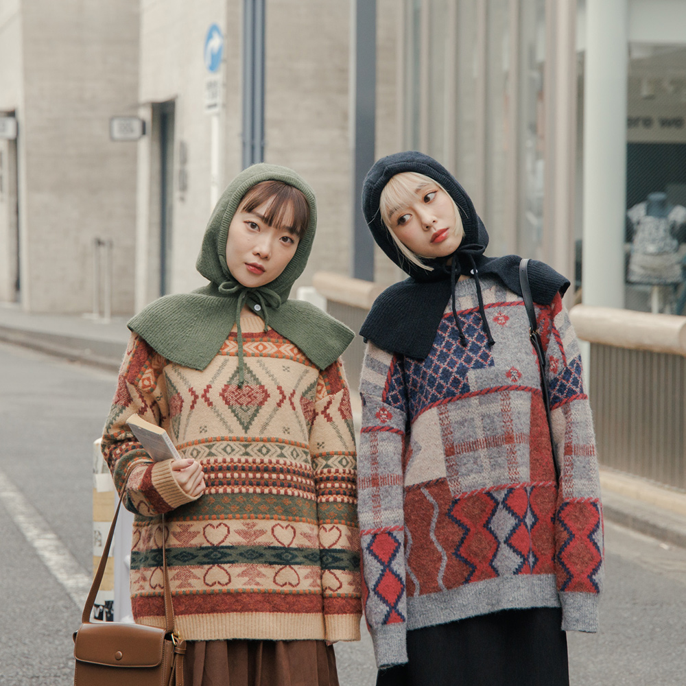 雙釦綁帶保暖針織披肩頭套 五色售