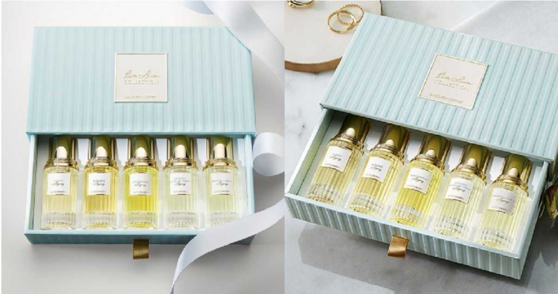 奢逸私藏香氛旅行組禮盒內含五款香氛4ml精巧瓶，內含五款香氛4ml精巧瓶，收藏於溫柔清新的寶寶藍色系禮盒，成為「藏香櫃」中最典雅的藝術品。ESTEE LAUDER《奢逸私藏香氛旅行組禮盒》內含五款香氛4ML精巧瓶/3,680元。（圖／品牌提供）