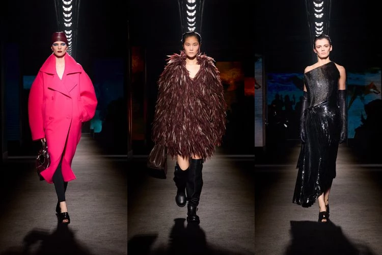 在整體結構感強烈的輪廓之中，Pierpaolo Piccioli仍然保留了他擅長的高級訂製語彙。秀場上幾件大衣以羽毛元素作為亮點，有的透過密集刺繡塑造立體紋理，有的則利用輕薄布料層層疊出如羽毛般的柔軟質地，隨著模特兒行走時產生細微晃動，讓服裝在光線下呈現流動的層次，也提醒著大家高級訂製工藝依然是品牌語言的重要部分。