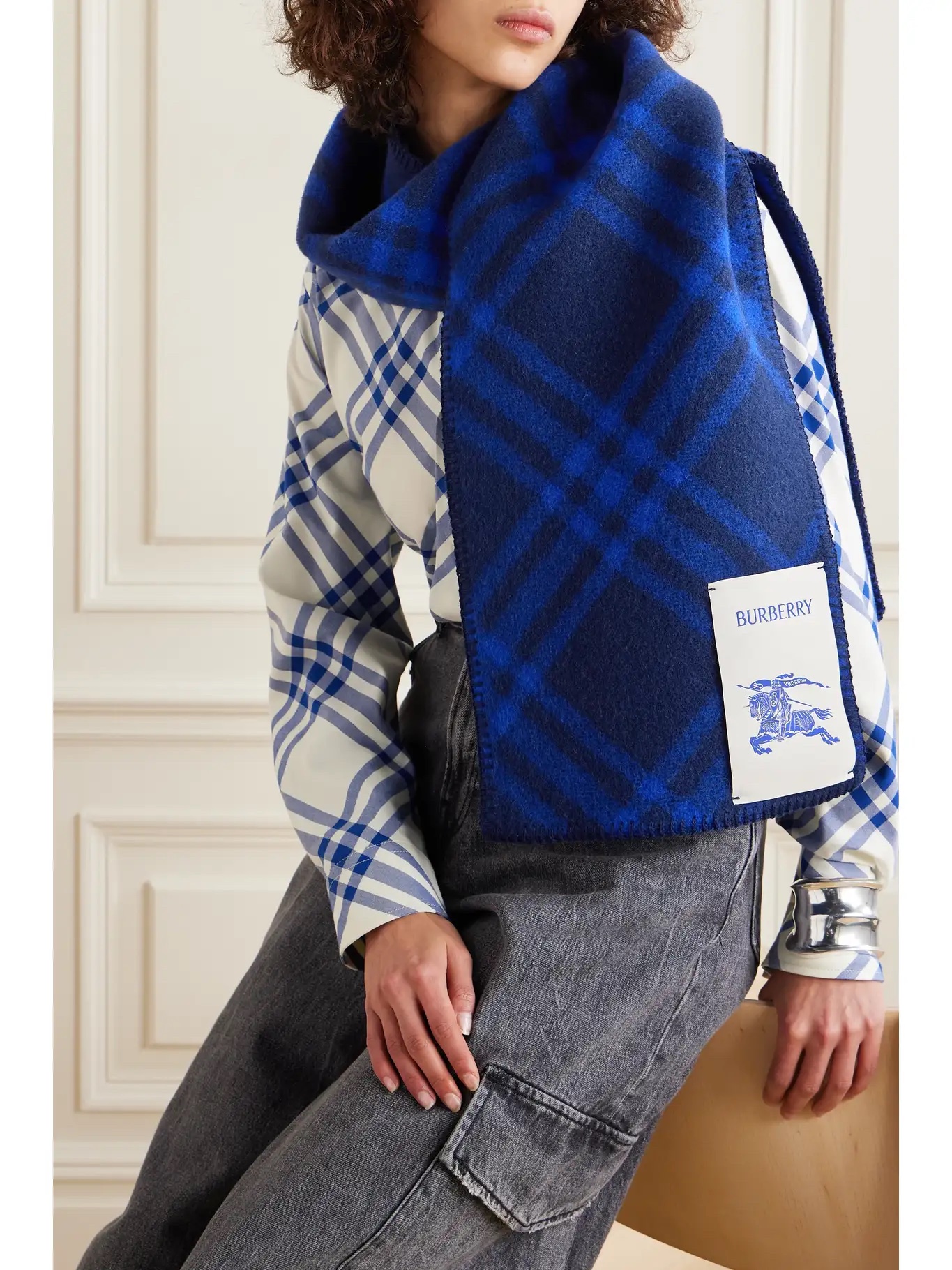 BURBERRY Appliquéd checked brushed-wool scarf