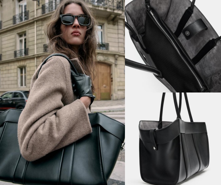 這款運用再生材質製作的皮質包袋，整體運用俐落幾何拼接的技巧呈現，內部則用大有拉鍊的夾層隔袋製作出超大的分隔收納空間，細節上期內袋可拆卸的特性，增添了實用度