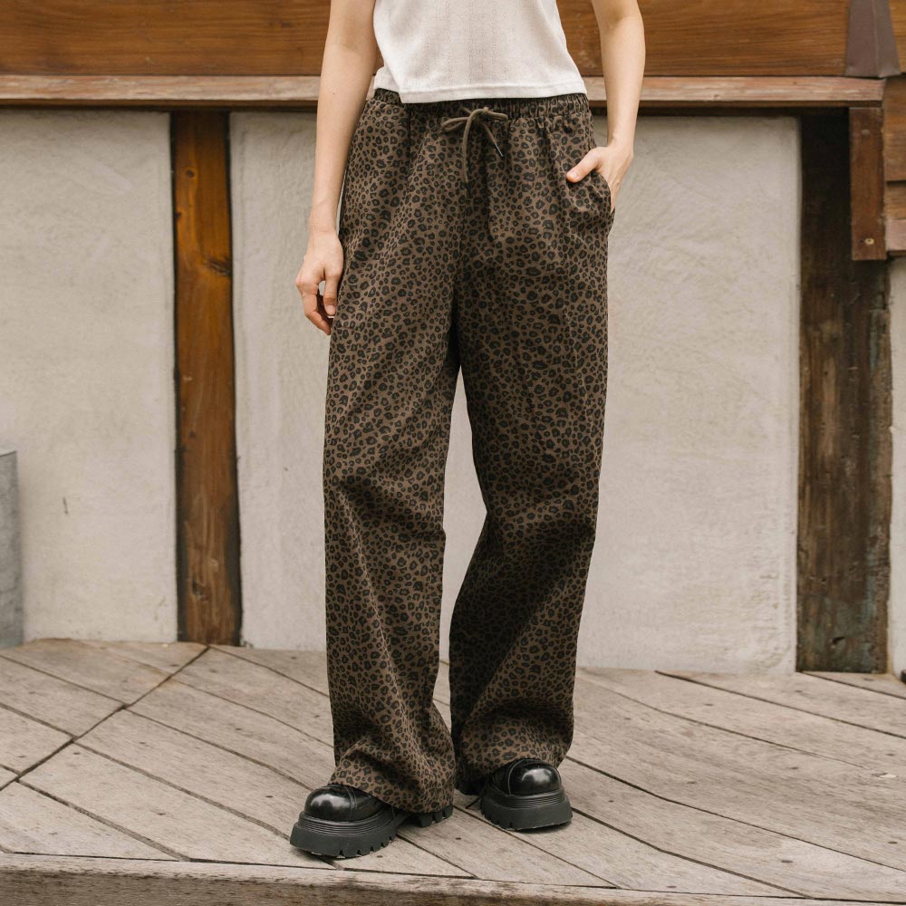 豹紋抽繩設計直筒長褲 S/M/L