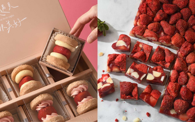 日本草莓達克瓦茲（3入$790／6入$1380）、草莓・覆盆莓 × 夏威夷果仁軟糖。（圖／純點心提供）
