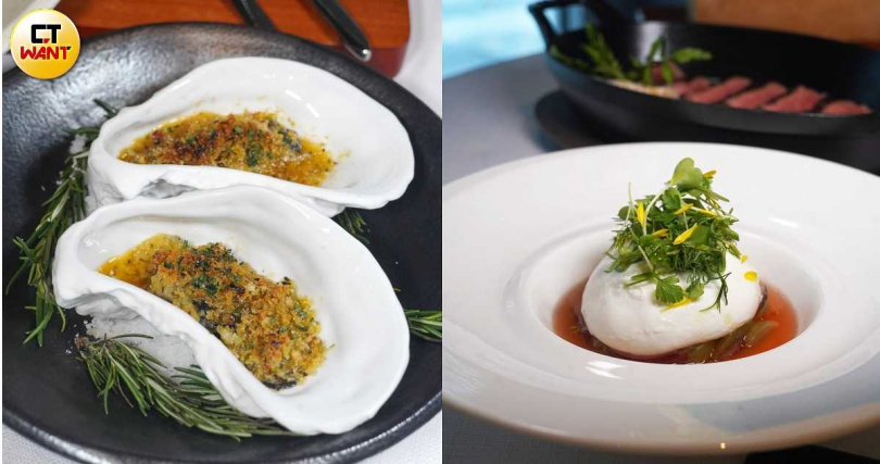 東石鮮蚵版「烤洛克菲勒鮮蠔」（左，480元）展現台灣豐饒海味，「台灣自製布拉塔起司」則以絲滑手工布拉塔起司搭配水蜜桃、紅烏龍與葡萄製作的冷湯，酸甜清爽。（480元，圖／魏妤靜攝）