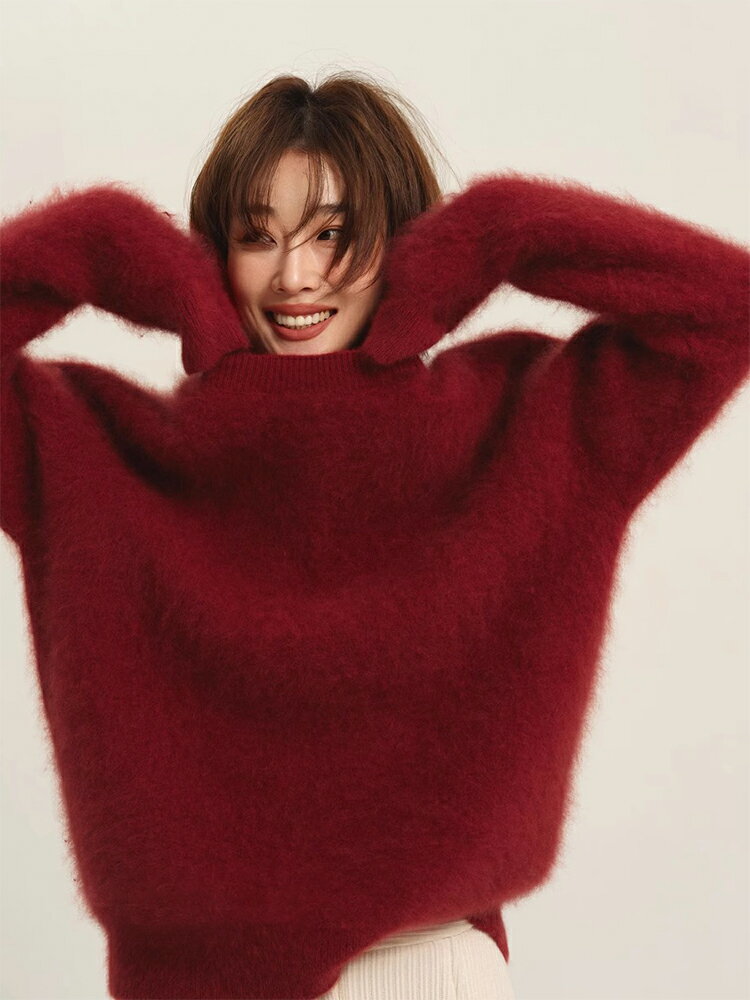 紅色圓領水貂絨毛衣女秋冬高級感慵懶風軟糯內搭針織衫氛圍感上衣