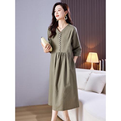 棉麻連衣裙女春夏2023夏季新款寬松休閑媽媽時尚薄款直筒亞麻裙子
