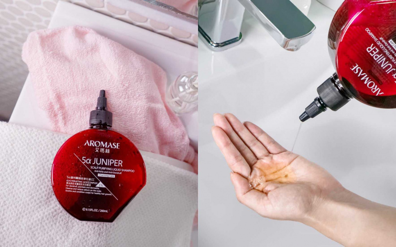 先用「艾瑪絲5α捷利爾頭皮淨化液」淨化頭皮角質與油垢，減少頭皮細菌增生的風險。（圖／品牌提供）