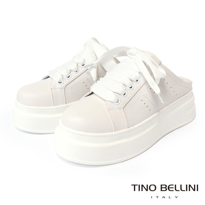 Tino Bellini 時尚全真皮綁帶厚底增高穆勒鞋LB0V011(白色)