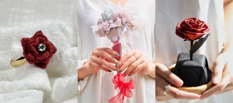 （由左至右：Pinmium｜手工立體刺繡戒指；chiko｜髮圈花束；感物｜牛皮玫瑰花（圖／Pinkoi提供）