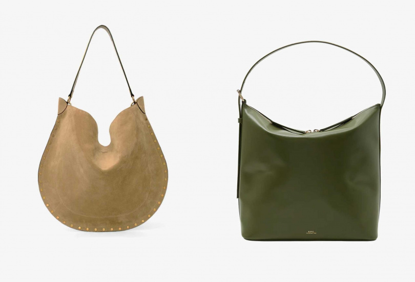ISABEL MARANT OSKAN HOBO 沙色編織肩背包／43,800元，A.P.C. VERA MAXI BAG 墨綠／25,800元（圖／品牌提供）