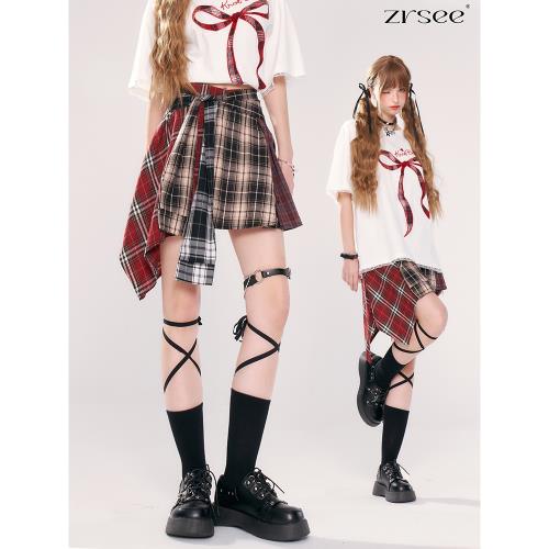 自然澀夏季不規則拼接紅色格子半身短裙女春秋新款演唱會穿搭裙子