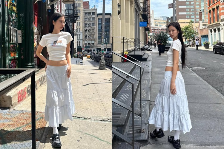 Jennie一直以來都透過各種造型證明，真正的時髦從不費力！這套造型以短版貼身T-shirt搭配層層堆疊的白色長裙，柔美又率性。