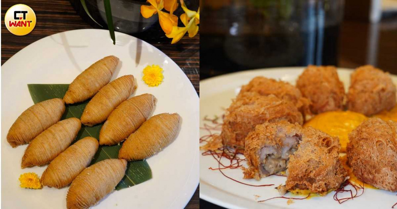 「蘿蔔千絲酥」（左）共具有192層，「葡汁蜂巢炸芋角」以微辣醬汁帶來新意。（各300元 +10%／3顆，圖／魏妤靜攝）