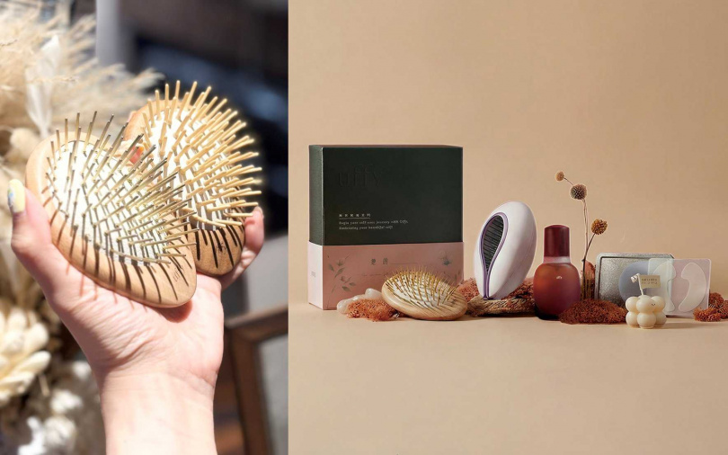 日常放鬆組／4,529元起  內含手掌款按摩梳、遠紅外線打結掰掰梳、小委屈可重複遠紅外線眼膜、時秘果油養髮校正精粹、香氛蠟燭。（圖／吳雅鈴攝、品牌提供）