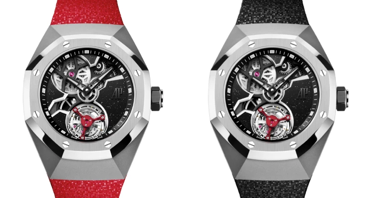 「Audemars Piguet × AMBUSH」此次聯名以「Royal Oak Concept （皇家橡樹概念）」系列為基礎，將AP高級製錶工藝與前衛時尚美學巧妙融合。鏤空錶盤設計結合飛行陀飛輪機芯，展現品牌精湛製錶技術，同時透過俐落線條與未來感輪廓，呼應Ambush一貫的大膽風格。此次更首度為此錶增添「可更換式錶帶拆卸系統」，隨附黑、紅兩款橡膠錶帶，讓配戴者可自由切換風格，在機械藝術與潮流態度之間取得完美平衡。（商品價格約：NTD 7,280,000）