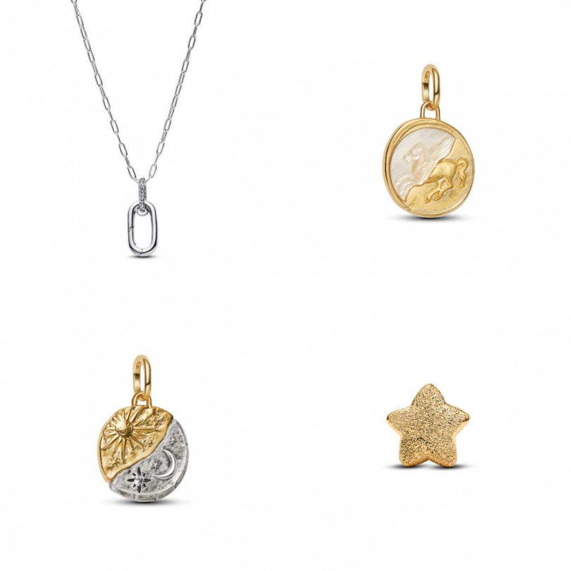 可開啟大鏈圈項鏈／3,280元，飛馬勳章吊飾／2,480元，日月交輝勳章吊飾／2,280元，星星霧金迷你串飾／1,580元（圖／品牌提供）