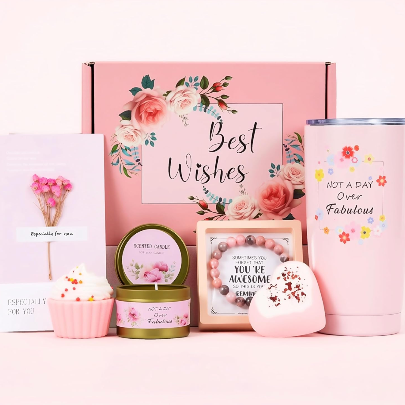 【GOFANA】 Honxicur 美國熱銷YOU'RE AWESOME 六件式粉紅質感香氛療癒禮盒組 輕奢奢華禮物 含串珠手鏈 送自己愛自己 姐妹姊妹禮物最佳生日節日禮品 交換禮物 聖誕禮物