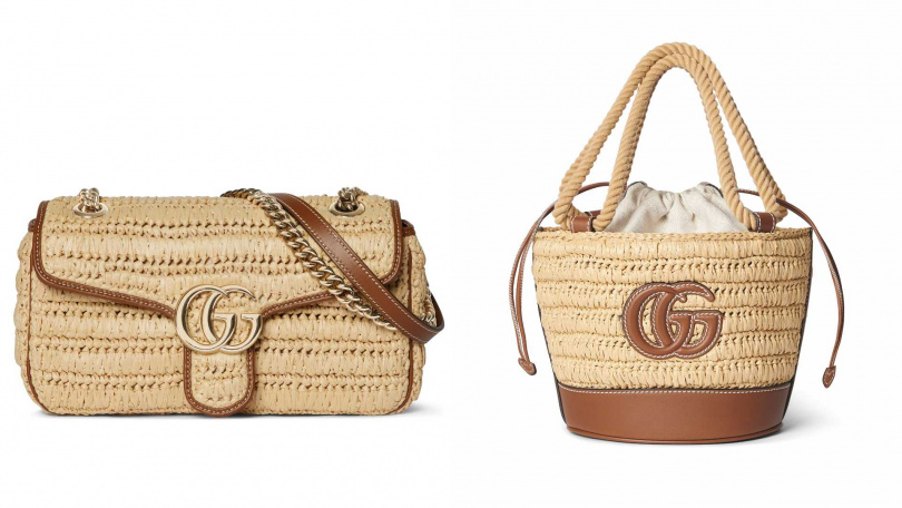 GG Marmont 中型編織包／91,000元，草編水桶包／72,400元（圖／品牌提供）
