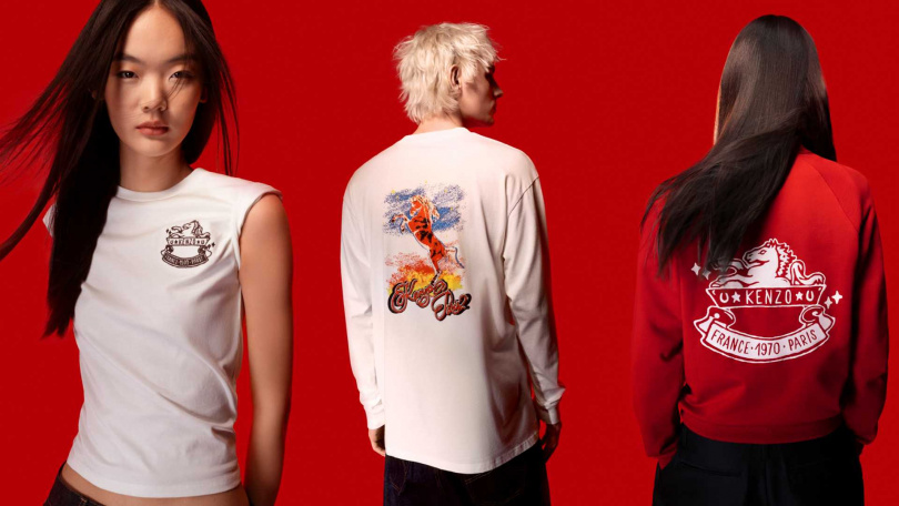 （圖／KENZO CNY 限定奶油白馬蹄鐵短袖上衣、KENZO CNY 限定奶油白馳影寬版長袖上衣、KENZO CNY 限定紅色馬蹄鐵刺繡衛衣）