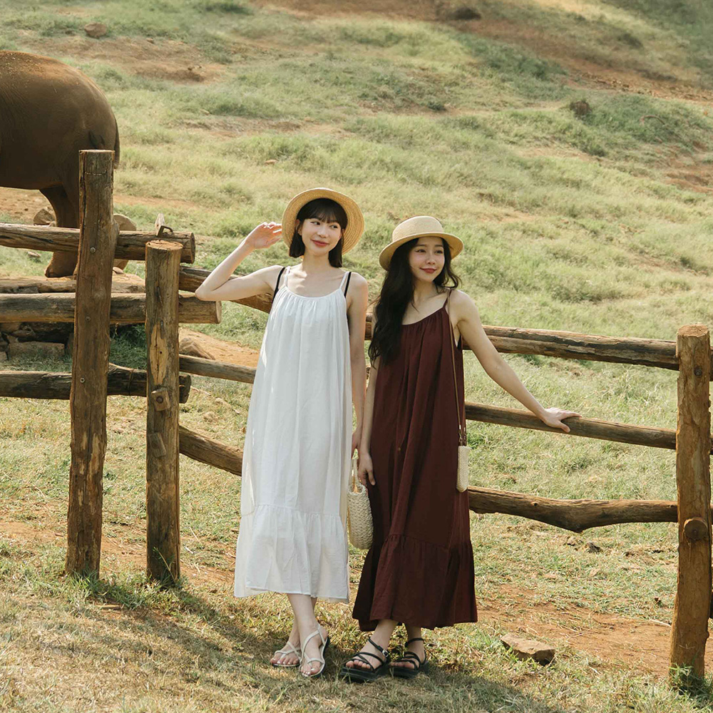 微光澤魚尾後綁帶細肩長洋裝 四色售