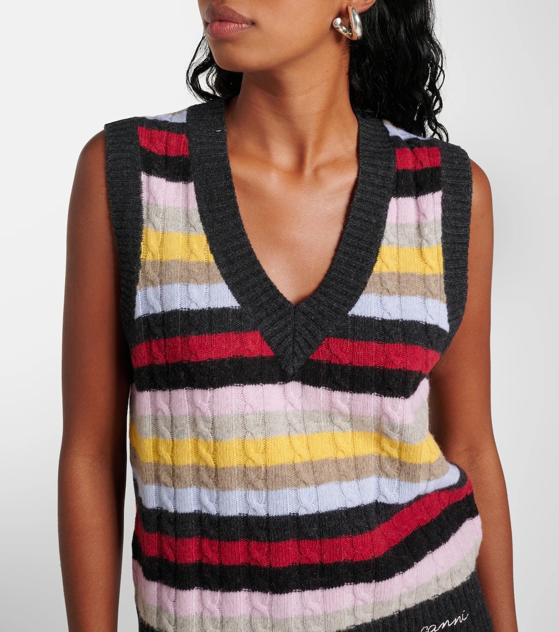 GANNI Striped cable-knit wool-blend sweater vest