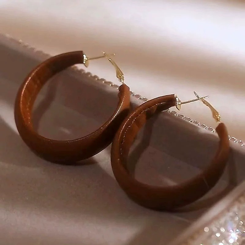 日韓風格美拉德咖色皮質大耳圈女耳環 輕奢氣質誇張耳釘耳飾