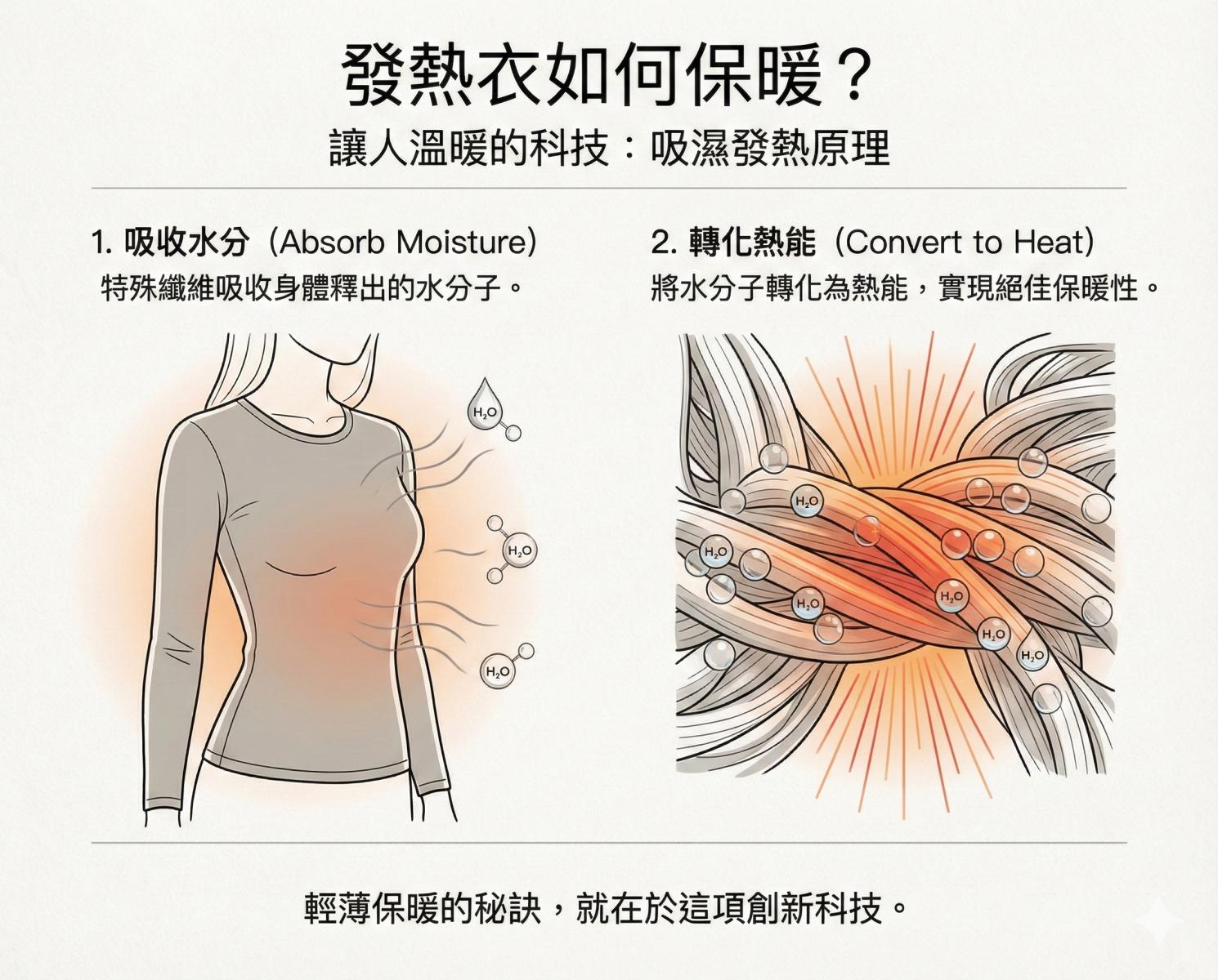 HEATTECH 的核心技術，並非單純加厚，而是來自特殊機能纖維的「吸濕發熱」特性。Uniqlo 官方說明，這類纖維能吸收人體散發的汗液與水蒸氣，並在吸濕過程中產生熱能，同時兼具保溫、柔軟與延展性。也因此，HEATTECH 穿起來不會像傳統厚重內衣那樣悶熱笨重，而是能在活動中維持乾爽與舒適。不過，這類機能仰賴纖維結構完整度，一旦因高溫烘乾、化學乾洗或長期磨損而受損，吸濕發熱效果便會明顯下降，這也是官方反覆提醒「正確洗滌」的重要原因。