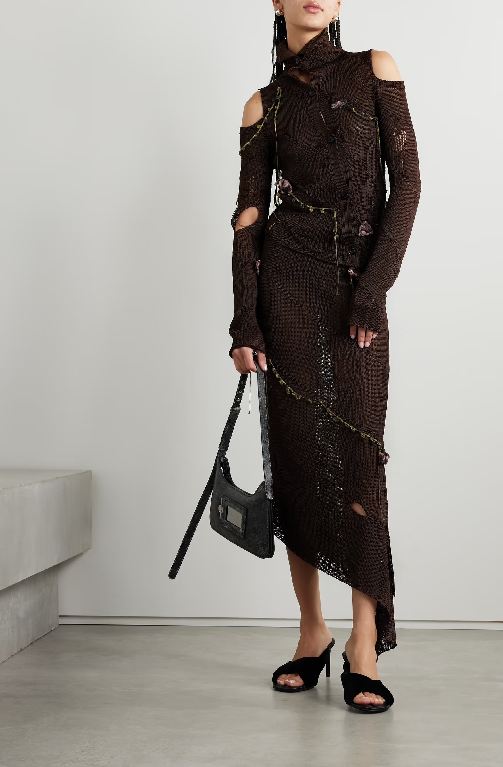 ACNE STUDIOS Cold-shoulder distressed appliquéd open-knit cardigan