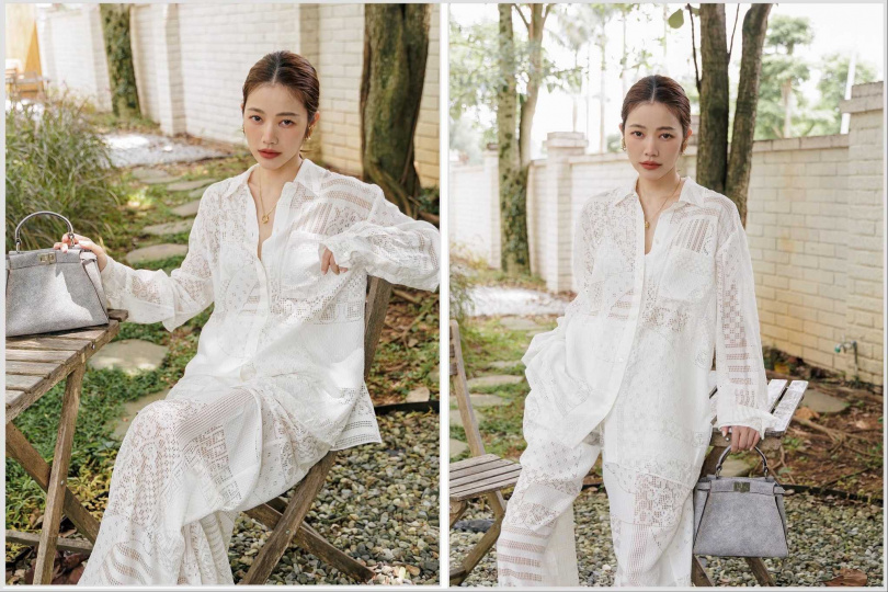 FENDI 2025夏季限定系列雕花套裝，搭配FENDI Peekaboo灰色手提包（圖／許路兒 ig）