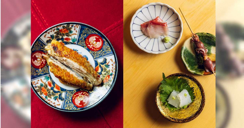 「雞翅（手羽先）」刻意保留膠質感，並添加山椒油提味（左），右為立春菜單推出的開胃小菜與海鮮佳餚。（圖／鳥力提供）