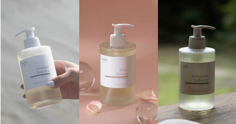 évoke醒沐濱海旅行外泌體蓬鬆洗髮精、玫瑰夢境滋養柔順洗髮精、午後茶室控油洗髮精 各300ml／680元（圖／品牌提供）
