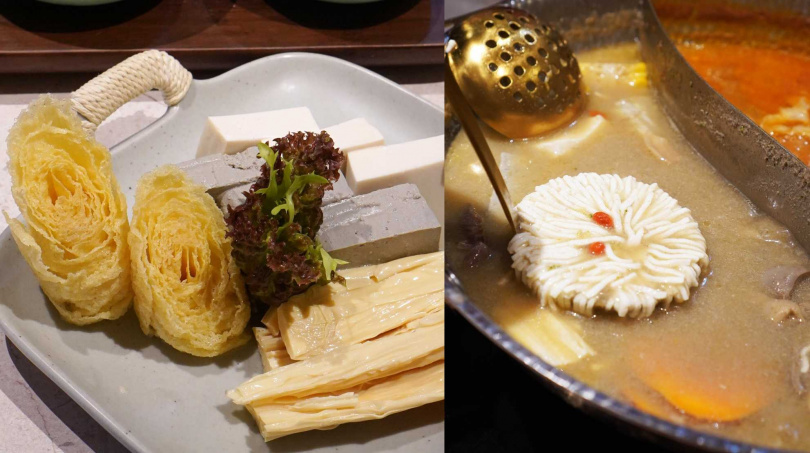 喜歡豆製品的人可以選擇集結腐竹、黑豆豆腐、響鈴卷等的「綜合豆製拼盤」（左，188元），滑嫩的「繡球豆腐」則由專人協助煮製。（128元／2顆，圖／魏妤靜攝）