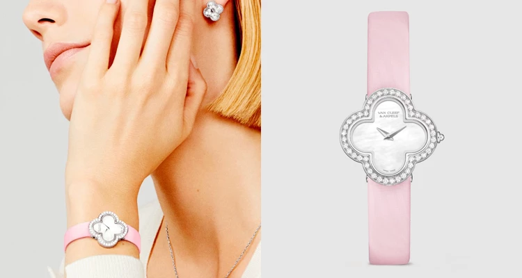Van Cleef & Arpels「Alhambra」腕錶系列，將珠寶界的幸運經典完美轉化為時間的藝術。18K白金鑲鑽錶圈，勾勒出傳世的四葉幸運草圖騰，搭配溫潤閃耀的珍珠母貝錶盤，展現出世家經典的純淨與高雅。