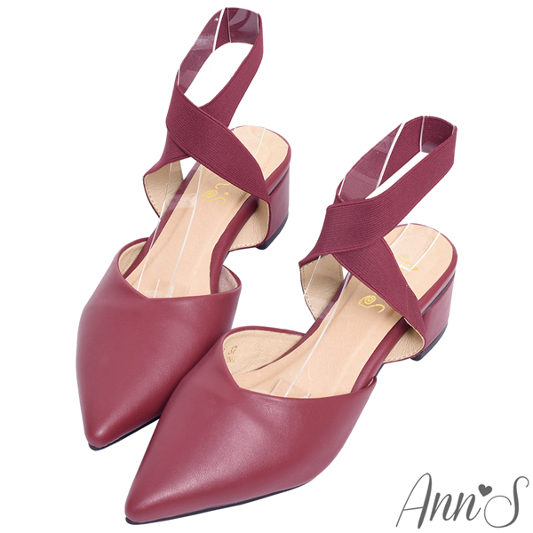 Ann’S芭蕾造型-寬版鬆緊繫帶V口粗跟尖頭鞋4.5cm-紅