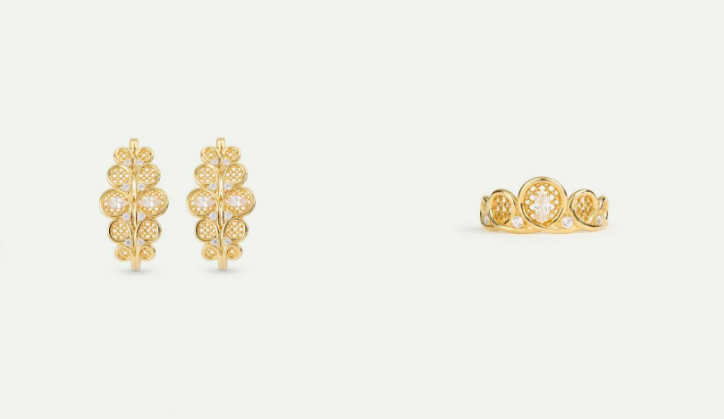 左：Les Néréides 愛樂而生-花絲皇冠耳環／6,300元；右：Les Néréides 愛樂而生-花絲皇冠戒指 ／4,000元（圖／品牌提供）