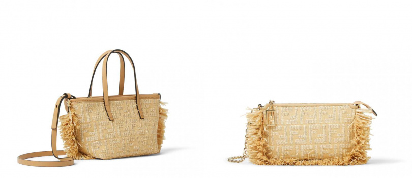 FENDI 拉菲草編織鏈帶錢包／49,200元，拉菲草抽鬚造型FF LOGO 購物包(mini) 建議售價／55,200元（圖／品牌提供）