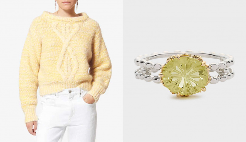 ISABEL MARANT 混色麻花米黃色針織毛衣，NOJESS 雙色湖光戒指（圖／品牌提供）
