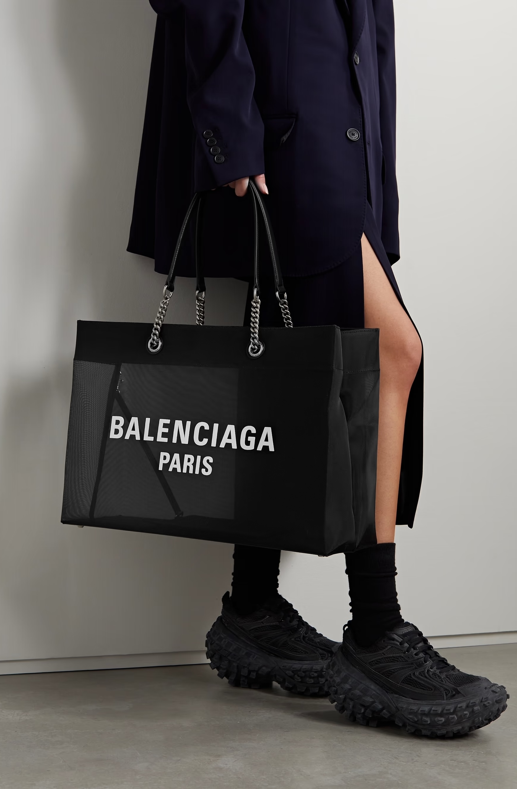BALENCIAGA Duty Free large leather-trimmed printed mesh tote