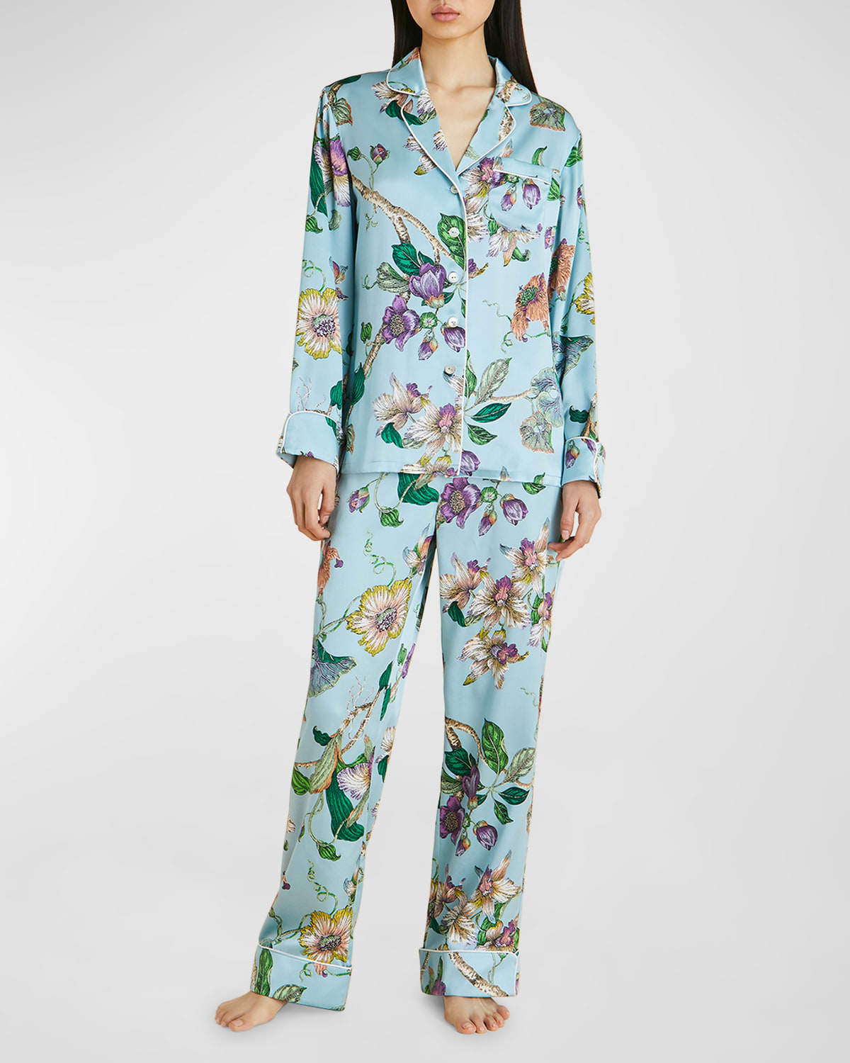 Lila Floral-Print Silk Pajama Set