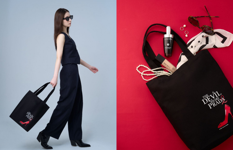 組合1:LANCOME小黑瓶PRO50ml+小黑瓶PRO14ml+小黑水30ml+電影限定款蘭蔻托特包貼紙組 / 4,185元。組合2:LANCOME零粉感粉底30ml+零粉感粉底10ml+小黑水10ml+小黑瓶PRO5ml+電影限定款蘭蔻托特包貼紙組 / 2,250元。（圖／品牌提供）