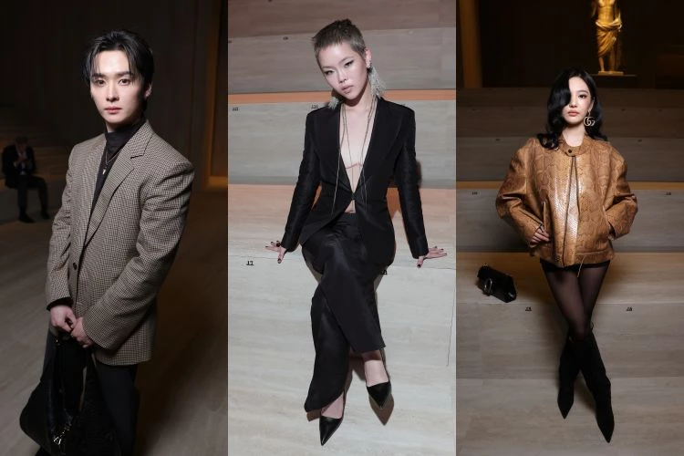 這場大秀，從伸展台到前排，話題度都充滿話題。Stray Kids成員Lee Know以一身格紋西裝現身，剪裁俐落、比例修長，把男團氣場收進義式正裝裡；XG成員Cocona則選擇深V黑色西裝套組登場，自信展露術後傷疤，那份坦然與力量感，讓造型不只是性感，更是一種態度！此外，aespa寧寧則以蛇紋皮外套搭配絲襪亮相，張揚卻不失精緻，把個性與野性揉進同一套輪廓。