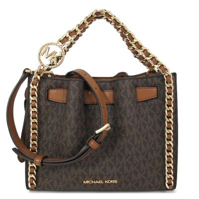 MICHAEL KORS Mina 金字滿版Logo編織金鏈手提斜背兩用包(咖啡色)