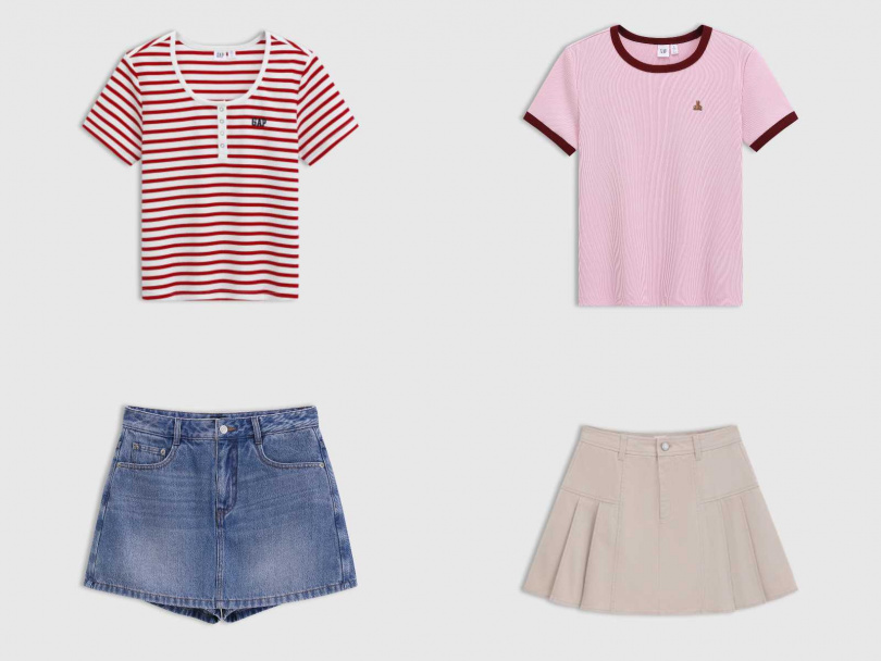 羅紋亨利領條紋T恤／999元，布萊納小熊滾邊T恤／799元，牛仔短裙／1299元，打摺短裙／1699元（圖／品牌提供）