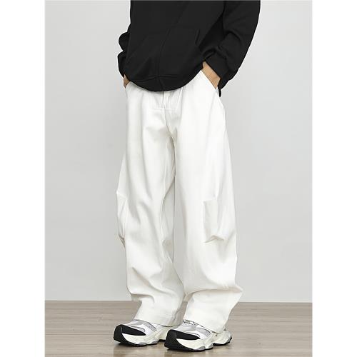 白色休閑褶皺弧形鐮刀工裝牛仔褲男寬松美式帥氣直筒哈倫闊腿長褲