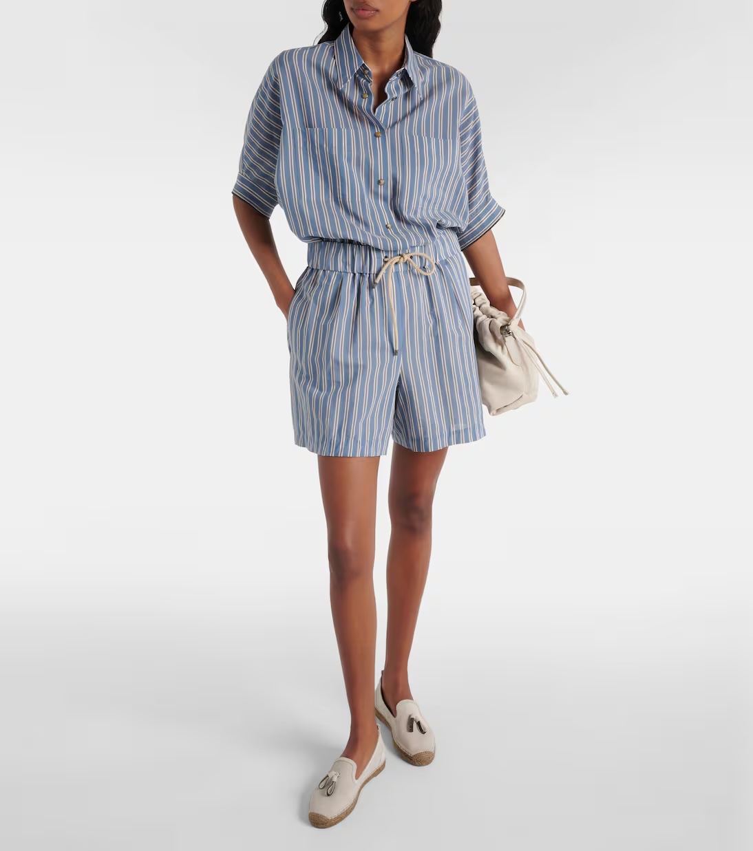 BRUNELLO CUCINELLI Pleated striped cotton and silk-blend shorts