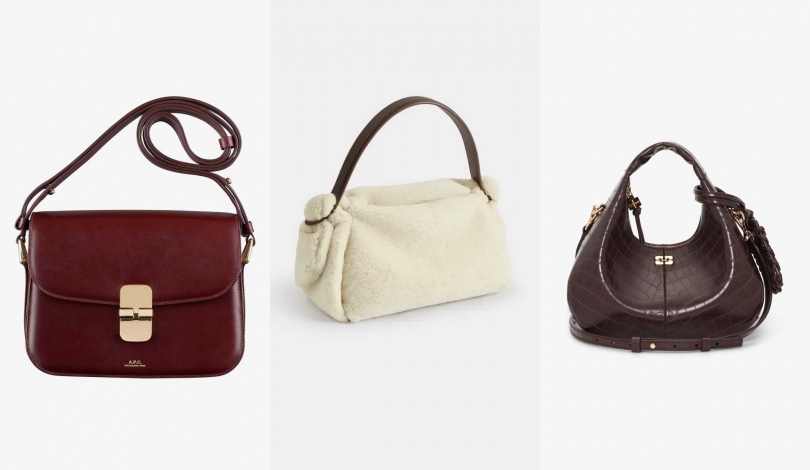A.P.C. GRACE SMALL BAG_酒紅／29,800元、KENZO FUROSHIKI 白色絨織肩背包／60,800元、GANNI 鱷魚紋迷你流浪包-熔岩巧克力／17,300元（圖／品牌提供）