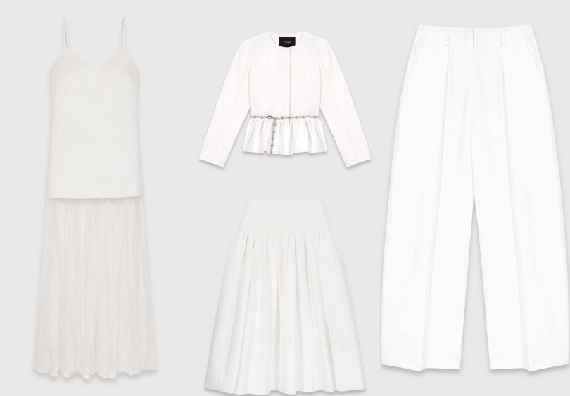 塔夫綢蕾絲洋裝／價格店洽，寶石腰鍊荷葉邊外套／17,590元，塔夫綢長裙／15,290元，氣球輪廓西裝長褲／11,490元（圖／品牌提供）