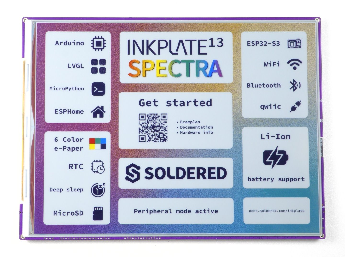 Inkplate 13SPECTRA的尺寸與解析度分別為13吋、1600 x 1200，提供Wi-Fi、藍牙、microSD讀卡機等功能。