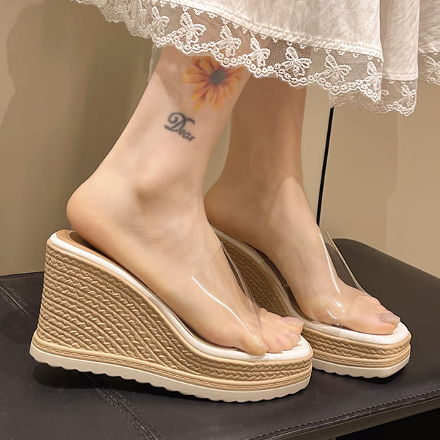 優雅一字寬帶透明楔型厚底拖鞋．白鳥麗子